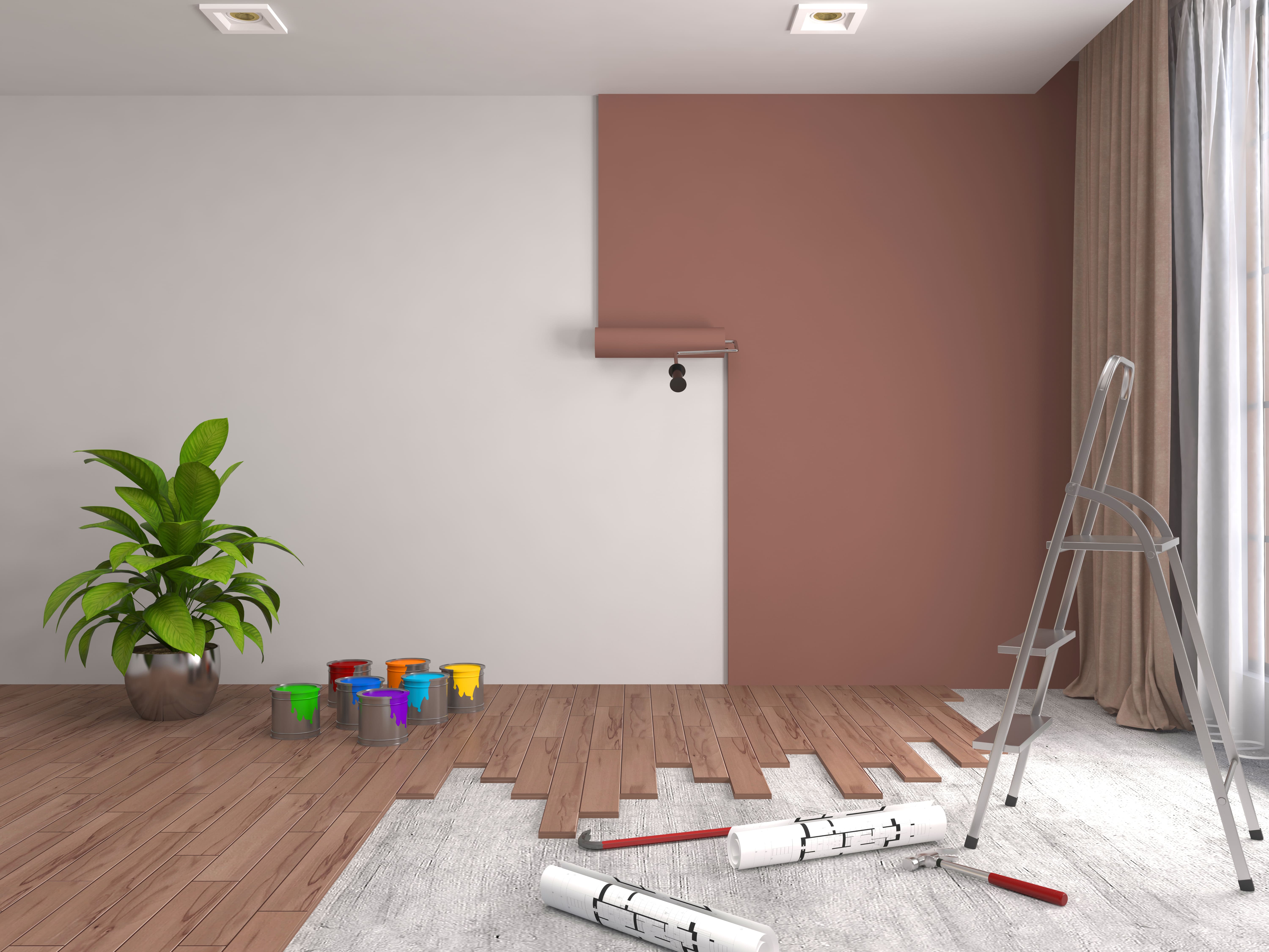 3D illustration of repair and painting walls in a room